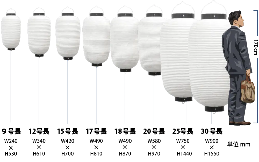 長型提灯のサイズ比較イメージ
