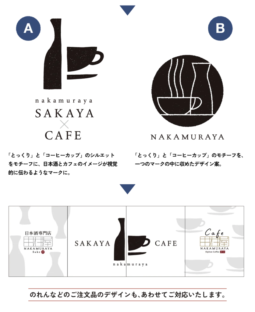 酒屋とカフェのロゴマークと暖簾